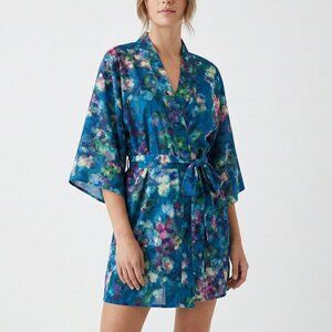 Smash + Tess Kimono Robe Crepe Kimonette Duster Blue Print Floral